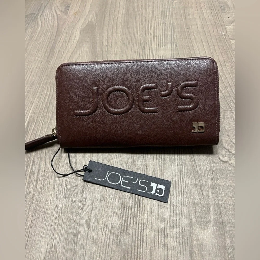 JOE'S Jeans Brown Embossed Logo Leather Zip Around Long Wallet Clutch